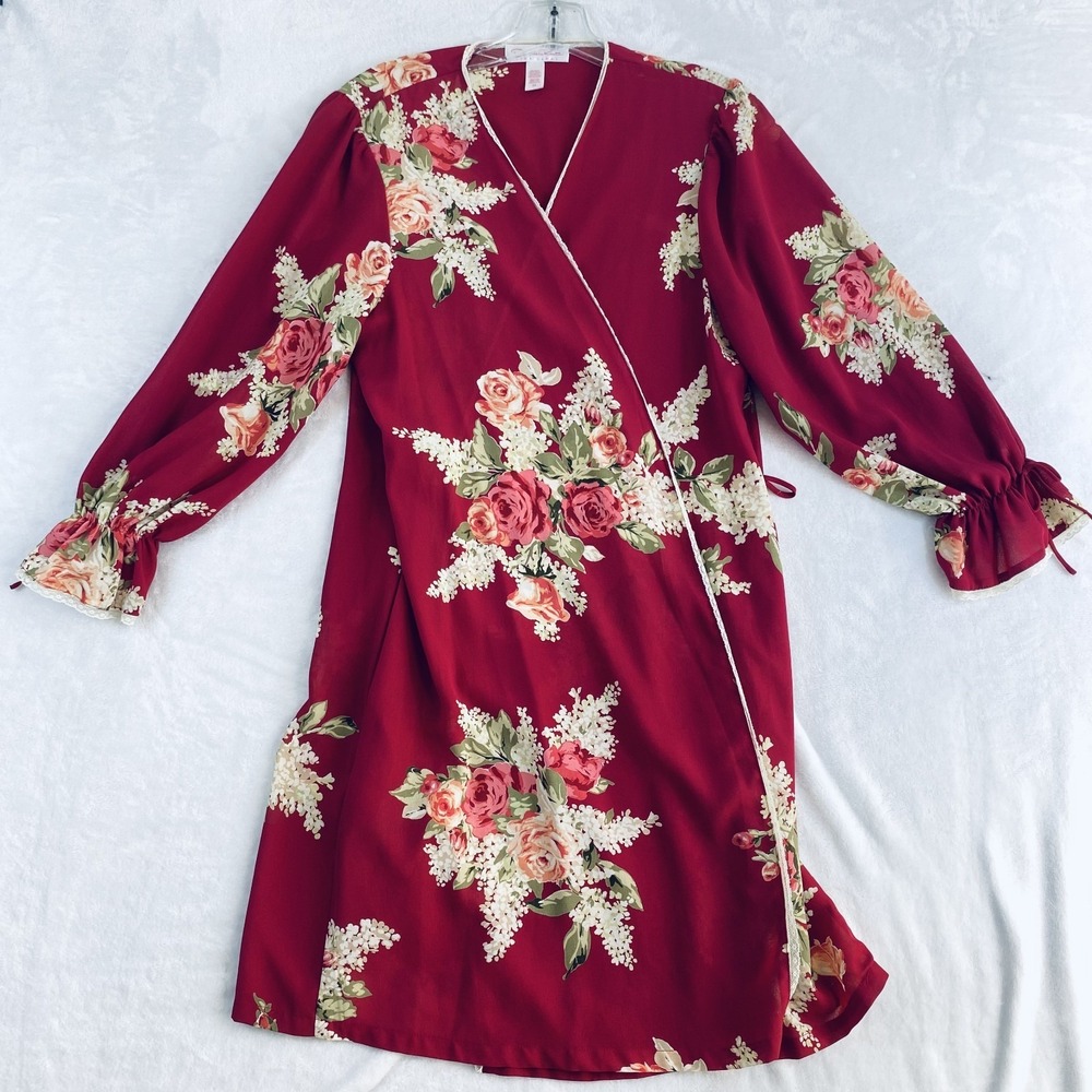 2/$30 Oscar de la Renta Robe Kimono Sz M Red Floral Wrap MISSING SASH